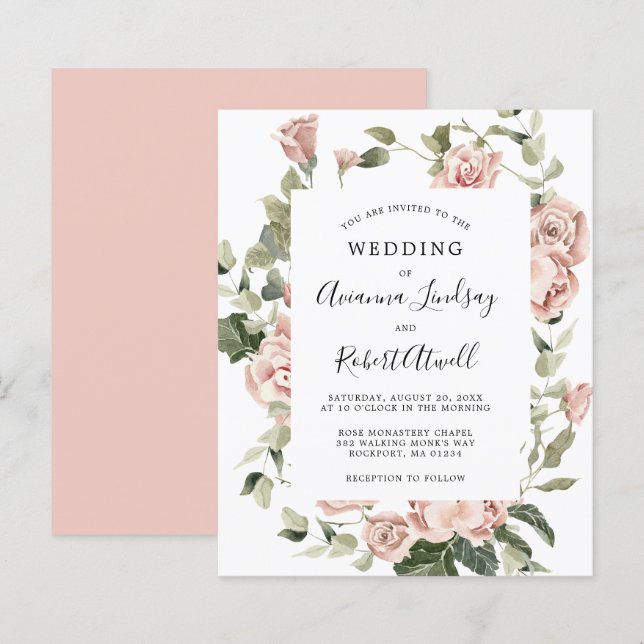 Papier Budget Dusty Rose Rose Floral Faire-part de mariag (Devant / Derrière)