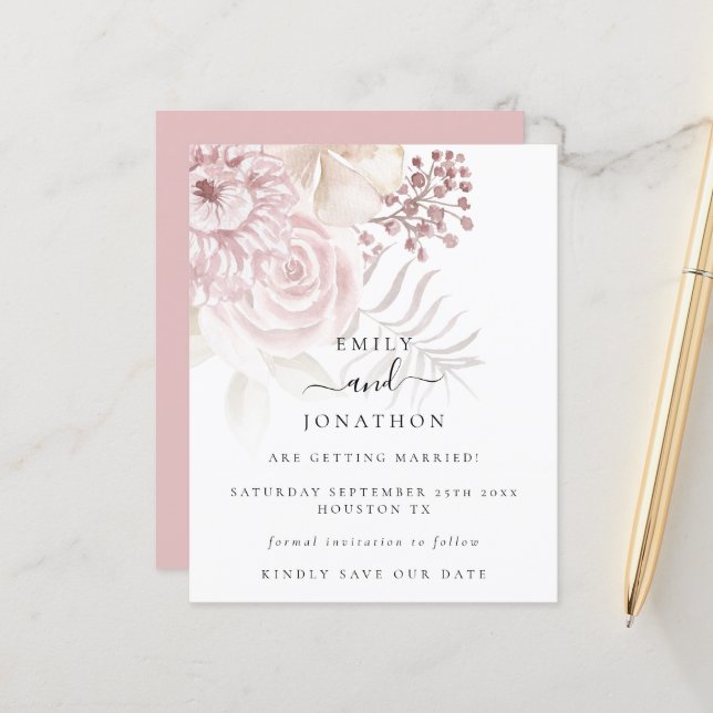 Papier Budget Dusty Rose rose florale Enregistrer la date (Devant/Arrière en situation)