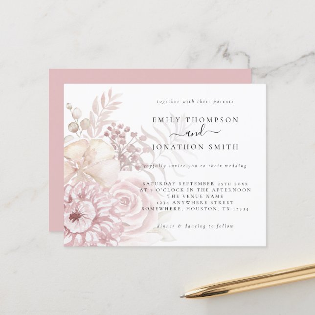 Papier Budget Dusty Rose rose Florals Faire-part de maria (Devant/Arrière en situation)