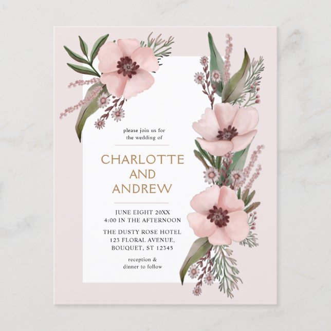 Papier Budget Dusty Rose Rose Gold Floral Mariage Invitat (Devant)