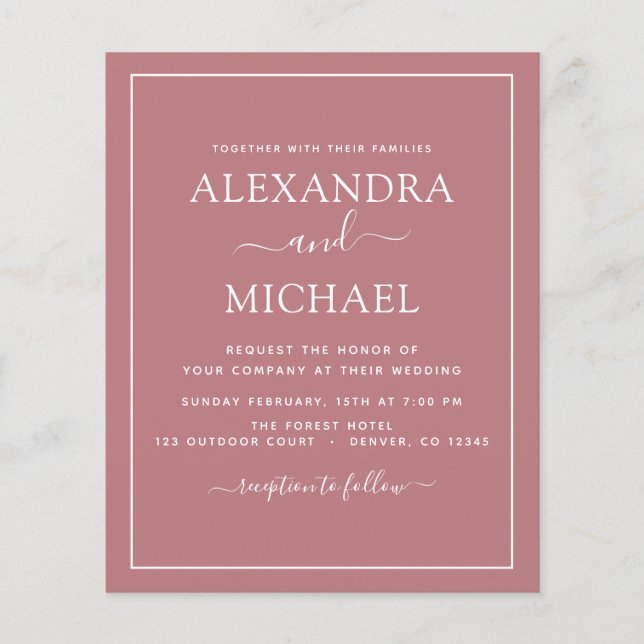 Papier Budget Dusty Rose rose Mariage moderne Typographie (Devant)