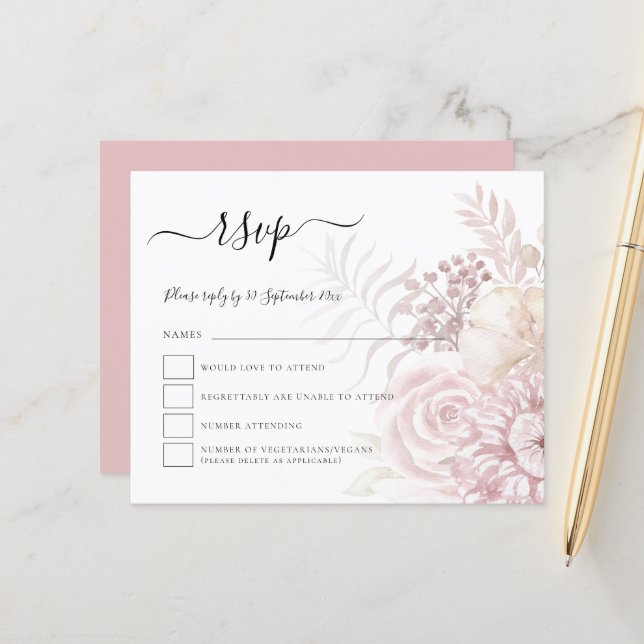 Papier Budget Dusty Rose teintée Florales Mariage RSVP (Devant/Arrière en situation)