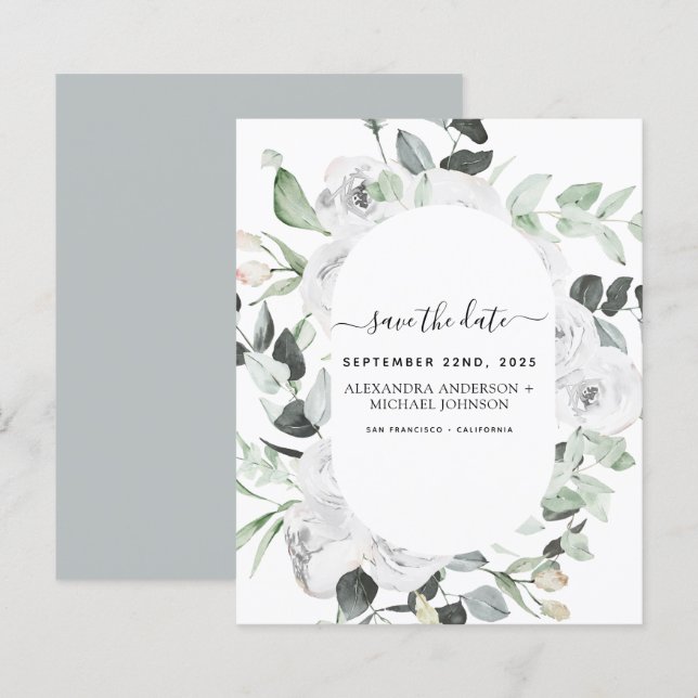 Papier Budget Économisez la date Eucalyptus blanc floral (Devant / Derrière)