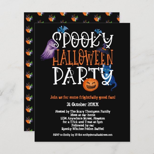 Papier Budget Éffrayant Halloween Party Black Invitation (Devant / Derrière)