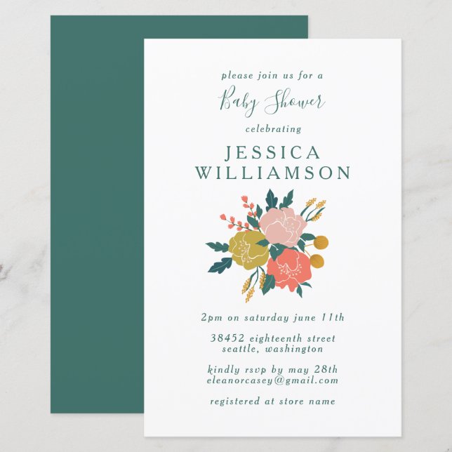 Papier Budget Élégant Baby shower Floral Vert Invitation (Devant / Derrière)