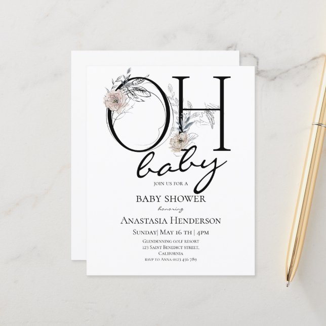 Papier Budget Elegant Baby shower invitation. (Devant/Arrière en situation)