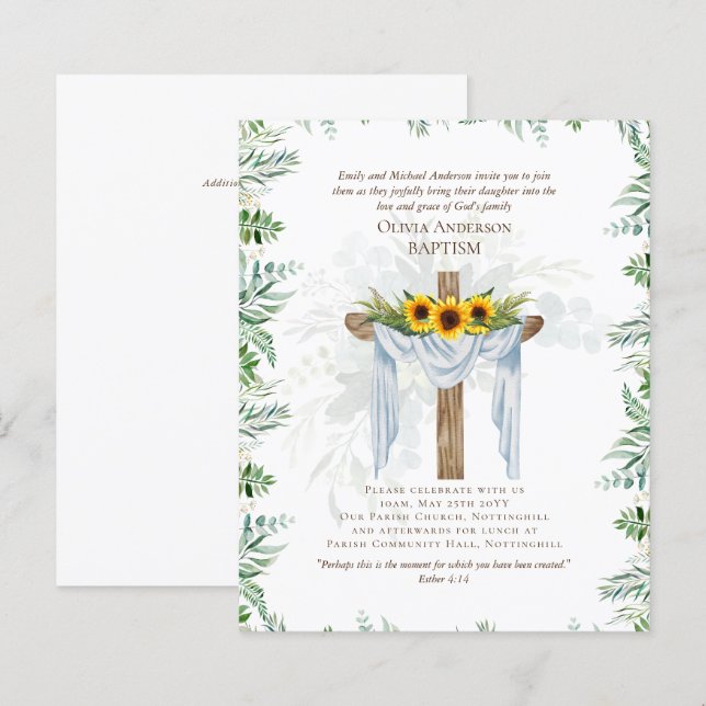 Papier BUDGET Élégant BAPTISME Invitation Vert tournesol (Devant / Derrière)