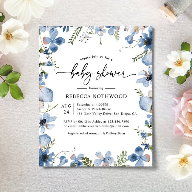 Papier Budget Elegant Blue Floral Baby shower Invitation (Créateur téléchargé)