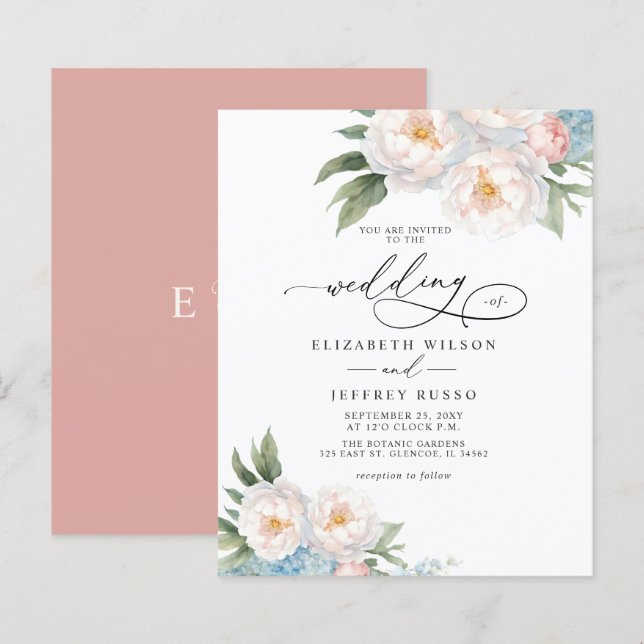 Papier Budget Elegant Blush Floral invitations de mariage (Devant / Derrière)