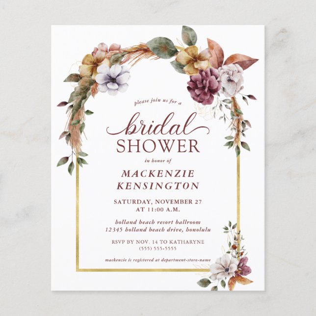 Papier Budget Elegant Boho Floral Arch Fête des mariées (Devant)