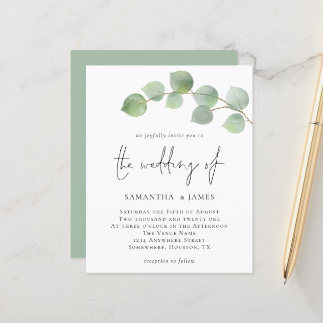Papier Budget Elegant Eucalyptus Faire-part de mariage (Devant/Arrière en situation)