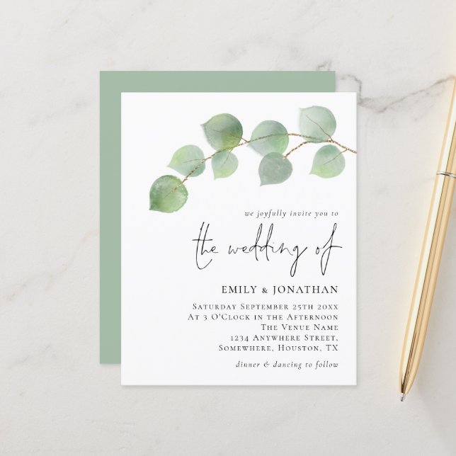 Papier Budget Elegant Eucalyptus Faire-part de mariage (Devant/Arrière en situation)