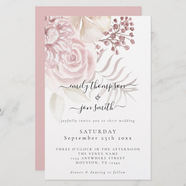 Papier Budget Élégant Florales Script Pink Mariage Invita (Devant / Derrière)