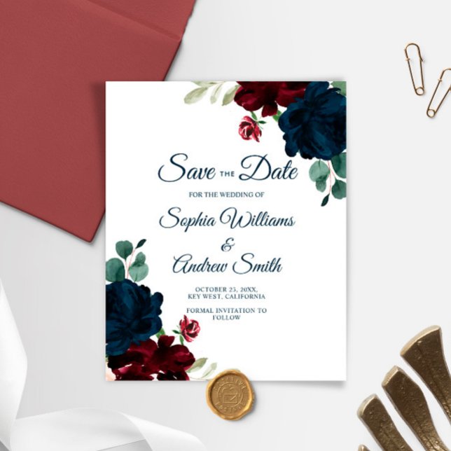 Papier BUDGET Élégant Marsala & Navy Floral Save The Date (Créateur téléchargé)