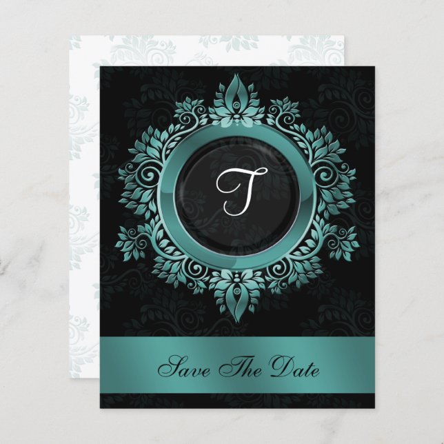 Papier Budget Elegant Monogram Aqua enregistrer la date (Devant / Derrière)