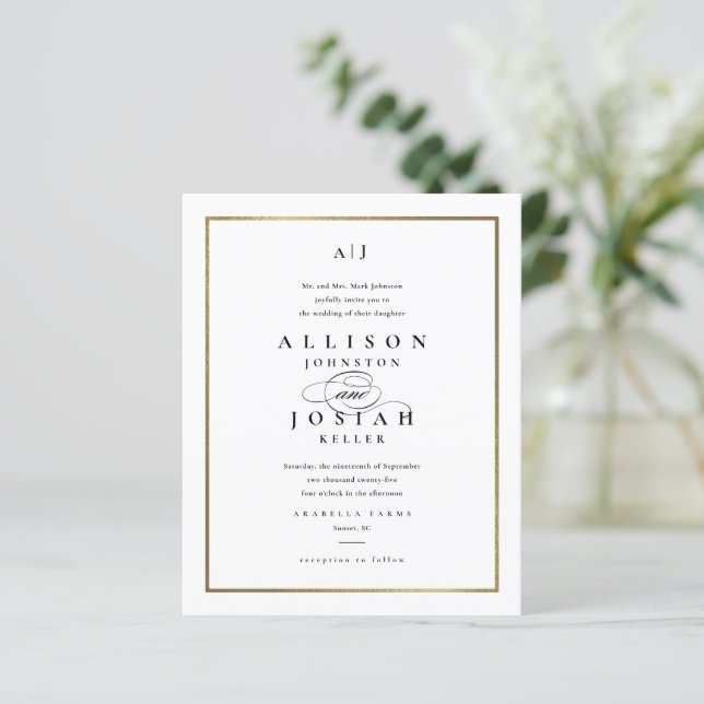 Papier Budget Élégant Monogramme Faire-part de mariage Or (Debout devant)