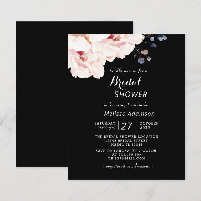 Papier Budget Élégant noir, rose Fête des mariées florale (Devant / Derrière)
