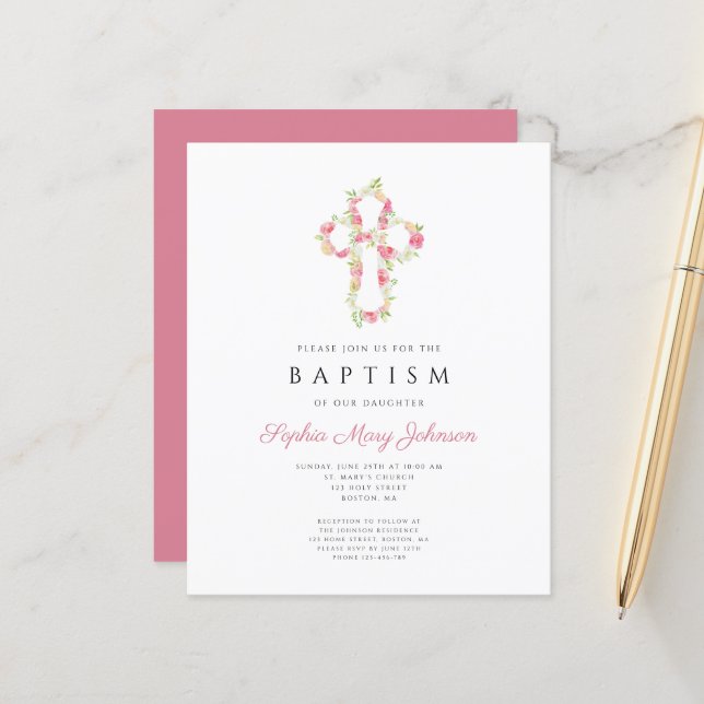 Papier Budget Elégant rose Floral Cross Baptism Invitatio (Devant/Arrière en situation)