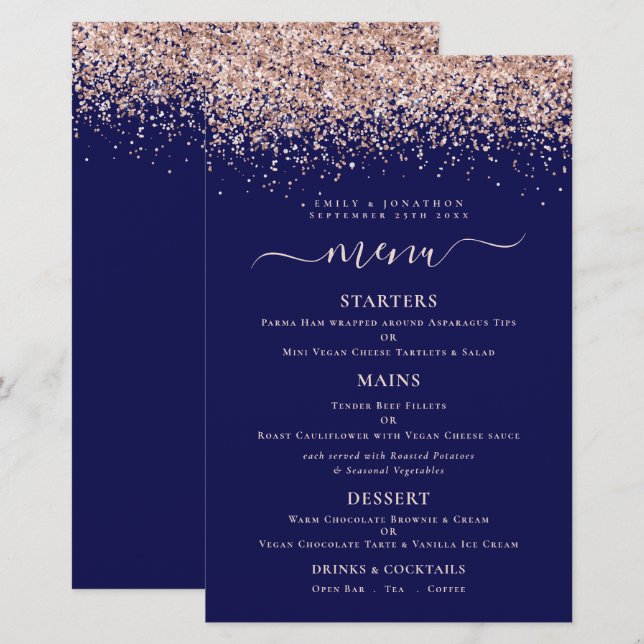 Papier Budget Elegant Rose Parties scintillant or Marine  (Devant / Derrière)