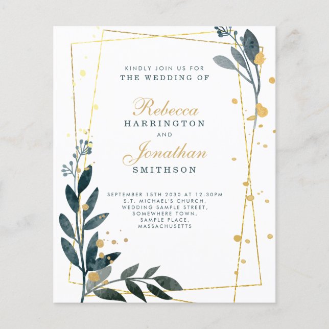 Papier Budget Élégant Verdure Or Mariage Invitation papie (Devant)
