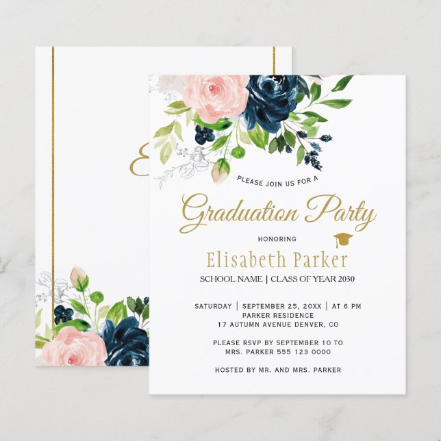 Papier Budget élégante fête de graduation florale Invitat (Devant / Derrière)