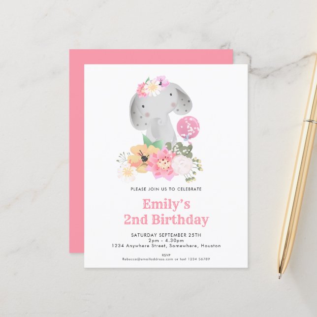 Papier Budget Elephant 2e anniversaire Invitation de la F (Devant/Arrière en situation)