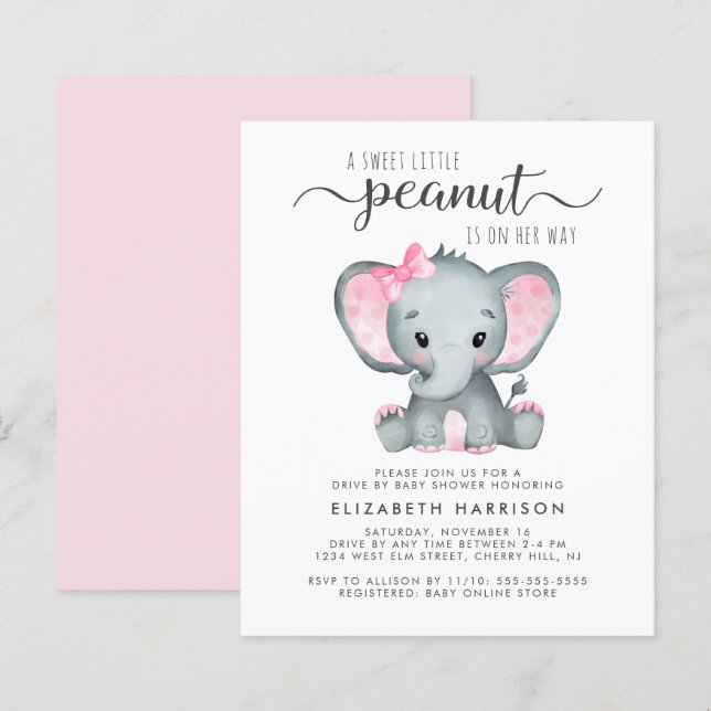 Papier Budget Elephant Baby Girl Drive Par Douche Invitat (Devant / Derrière)