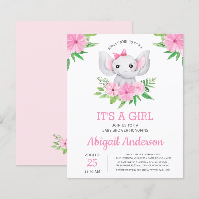 Papier BUDGET Elephant Baby shower Girly Invitation (Devant / Derrière)