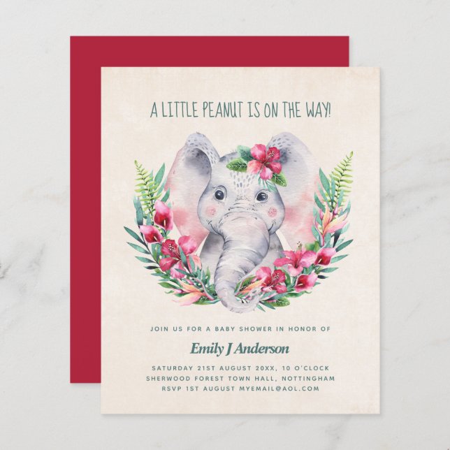 Papier BUDGET Elephant Baby shower Invitation rose profon (Devant / Derrière)