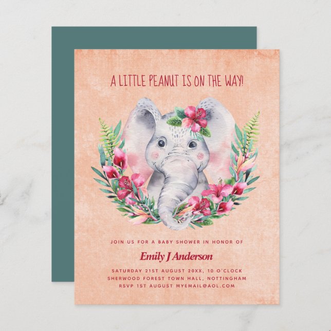 Papier BUDGET Elephant Baby shower Invitation Safari (Devant / Derrière)