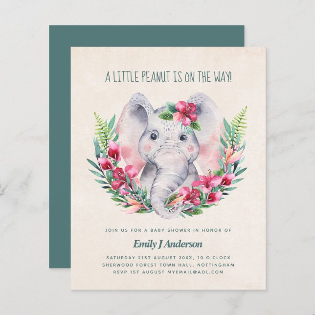 Papier BUDGET Elephant Baby shower Invitation Safari (Devant / Derrière)