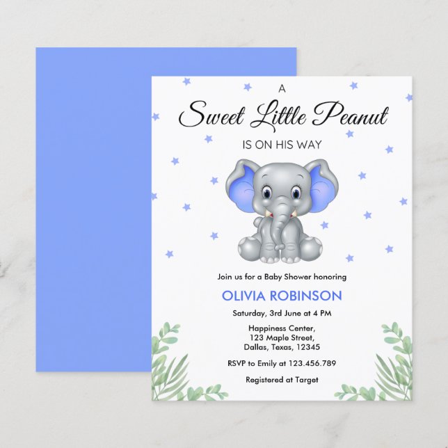 Papier Budget Elephant Blue Boy Baby shower Invitation (Devant / Derrière)