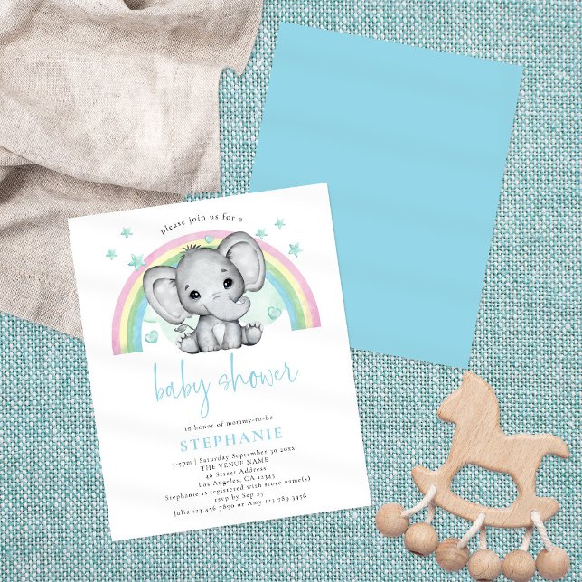 Papier Budget Elephant Rainbow Blue Baby shower Invitatio (Créateur téléchargé)