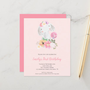 Papier Budget Elephant Rose Girl 1er anniversaire Invitat