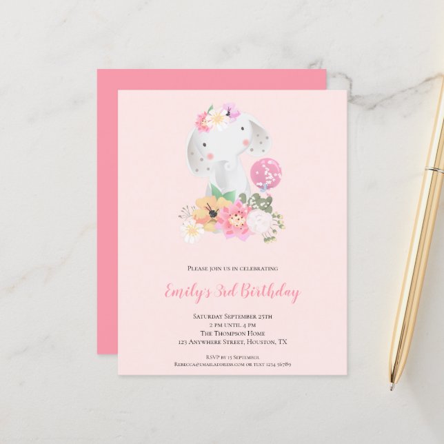 Papier Budget Elephant Rose Girl 3ème anniversaire Invita (Devant/Arrière en situation)