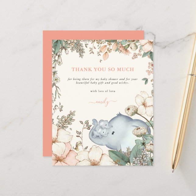 Papier Budget Elephant Twins Coral Baby shower Merci (Devant/Arrière en situation)