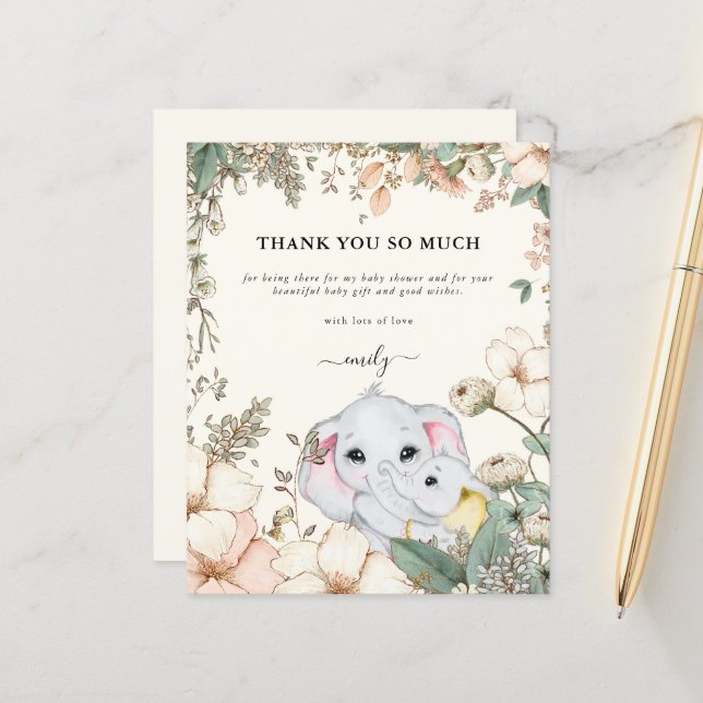 Papier Budget Elephants Crème Baby shower Merci (Devant/Arrière en situation)