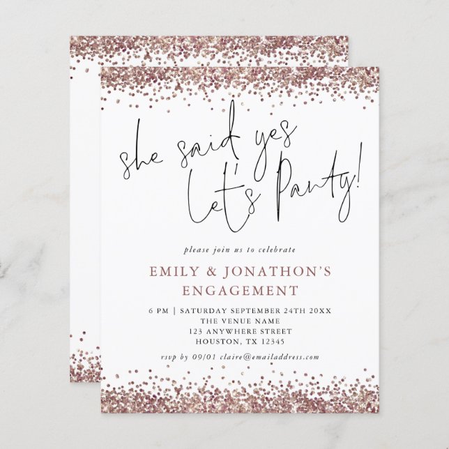 Papier Budget Elle A Dit Oui Rose Parties scintillant Or  (Devant / Derrière)