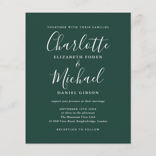 Papier Budget Emerald Faire-part de mariage de script ver (Devant)