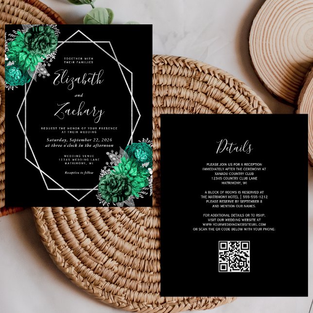 Papier Budget Emerald Floral Argent Noir QR Code Mariage (Créateur téléchargé)