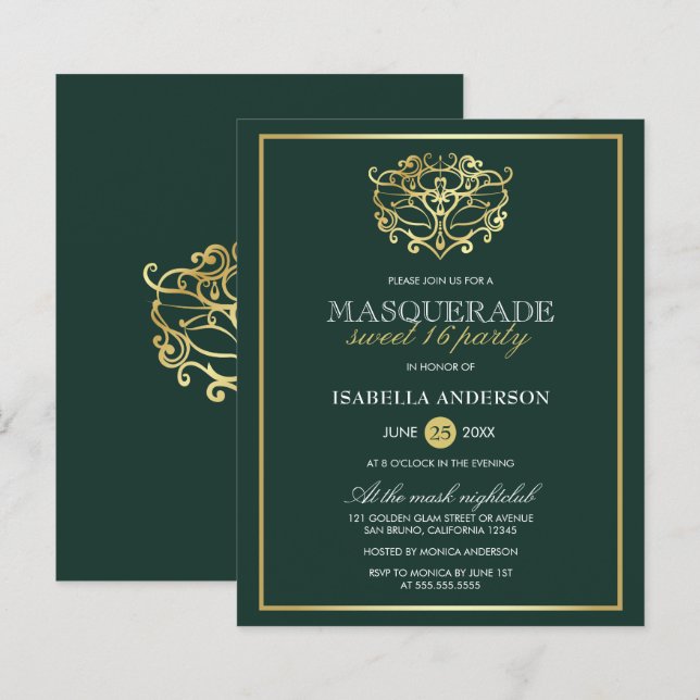 Papier Budget Emerald & Gold Masquerade Sweet 16 Party (Devant / Derrière)