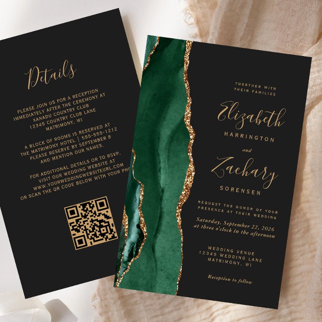 Papier Budget Emerald Green Agate Dark QR Code Mariage (Créateur téléchargé)