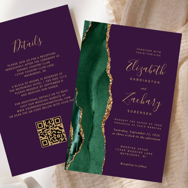 Papier Budget Emerald Green Agate Purple QR Code Mariage (Créateur téléchargé)