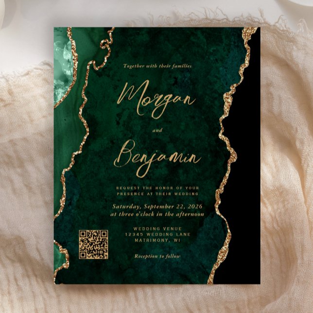 Papier Budget Emerald Green Agate QR Code Mariage Invitat (Créateur téléchargé)