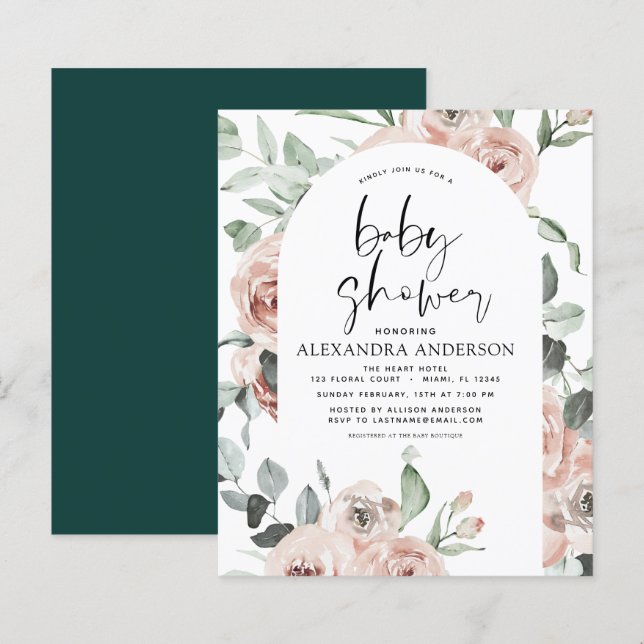Papier Budget Emerald Green Baby shower Floral Invitation (Devant / Derrière)