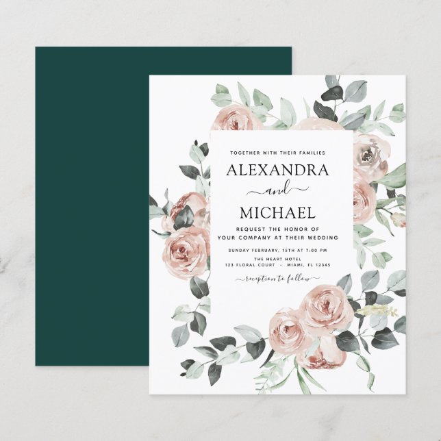 Papier Budget Emerald Green Floral Faire-part de mariage (Devant / Derrière)
