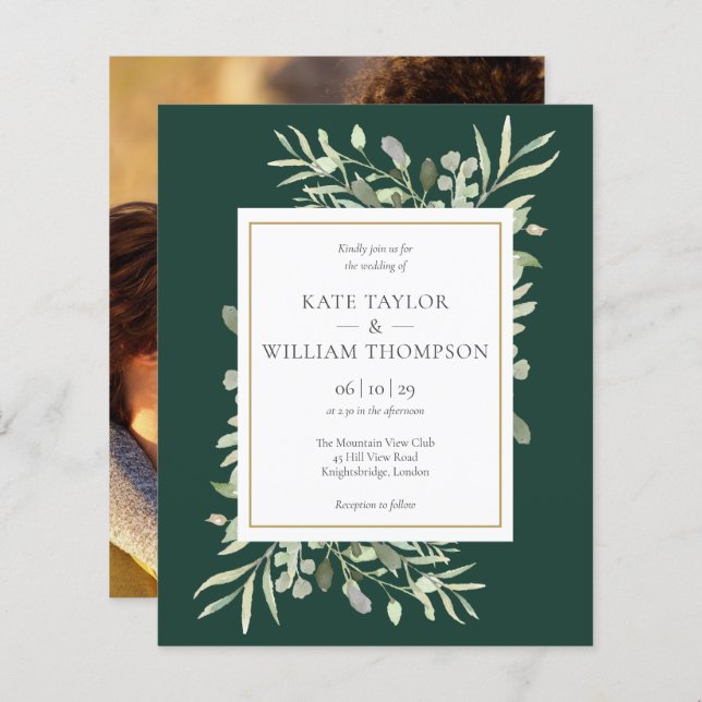 Papier Budget Emerald Green Foliage Mariage Photo Invitat (Devant / Derrière)