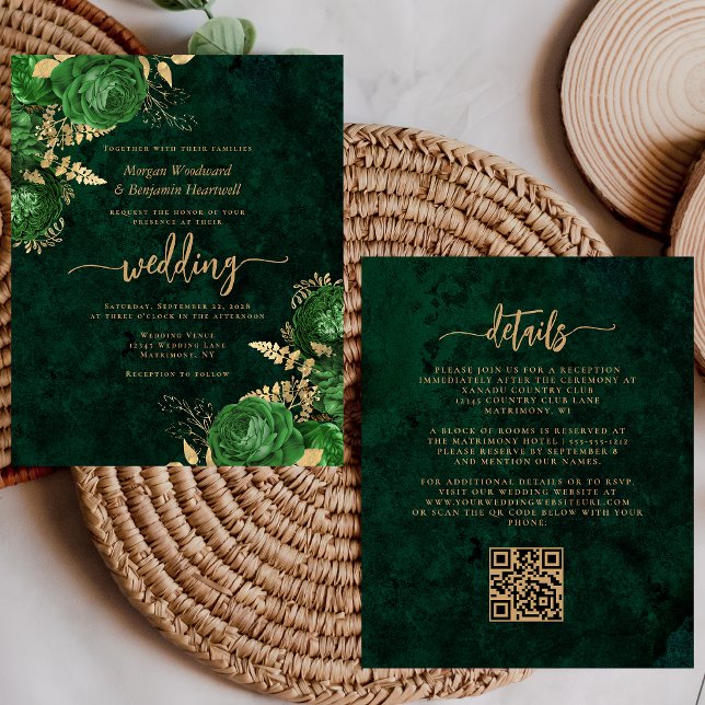 Papier Budget Emerald Green Gold Floral QR Code Mariage (Créateur téléchargé)