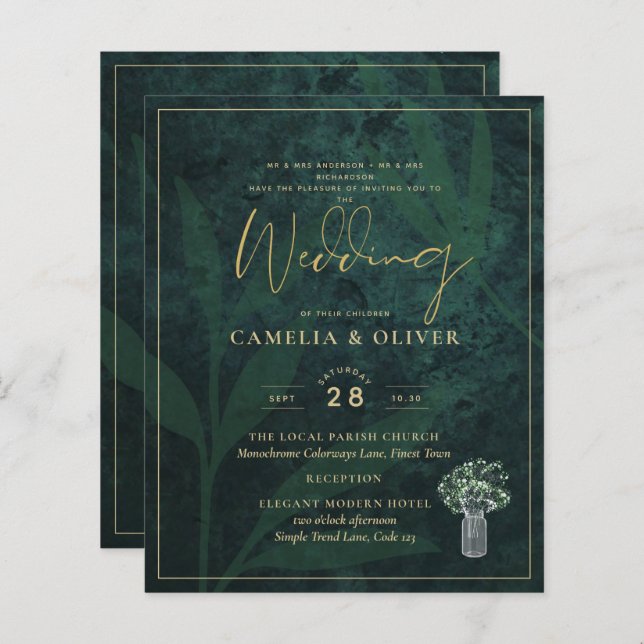 Papier Budget Emerald Green Gold Modern Wedding Invitatio (Devant / Derrière)