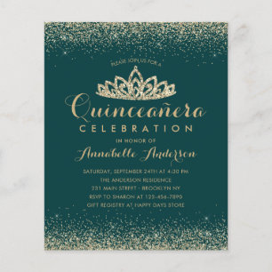 Papier Budget Emerald Green Gold Quinceañera Tiara Invita
